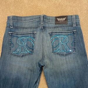 Rock & Republic women’s denim jeans, teal blue rhinestone pockets, size 29